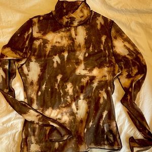 Long Sleeve Printed Mesh Turtleneck, Brown, Size M